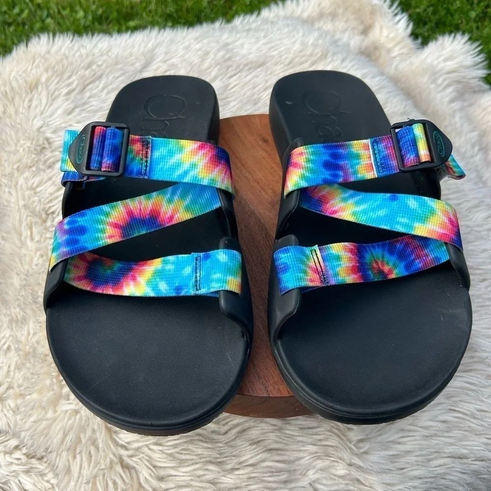 Chaco Men's Chillos Slide Sandals in Dark Tie Dye Rainbow Size 13 🏳️‍🌈 Pride